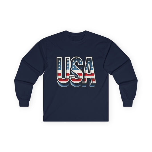 USA Graphic Long Sleeve Tee, Patriotic Shirt, Unisex Casual Wear, Independence Day Gift, Vintage Americana Apparel