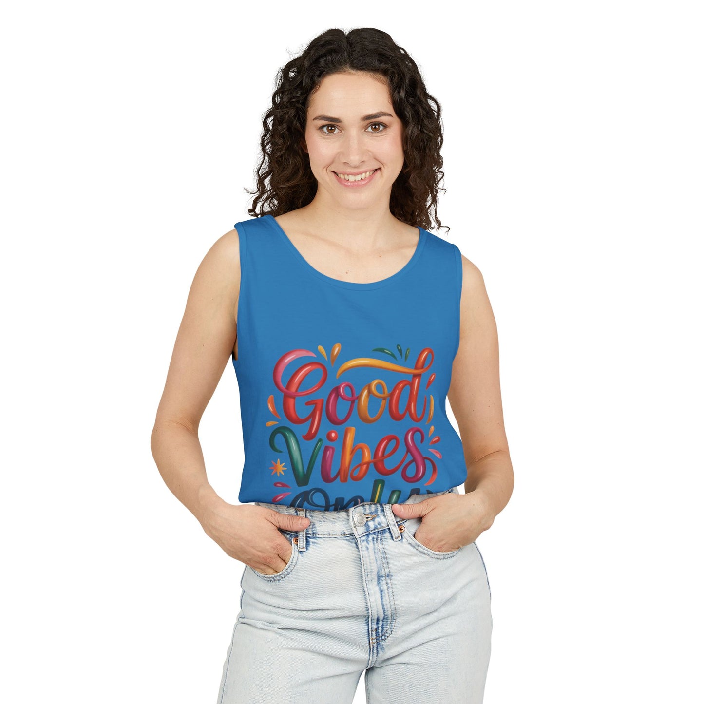 Good Vibes Only Unisex Garment-Dyed Tank Top, Summer Casual Wear, Festival Outfit, Beach Day Tee, Gift for Friends, Positive Vibes Apparel