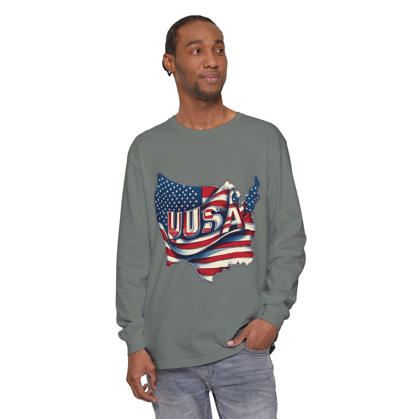 USA Flag Long Sleeve Tee, Unisex Garment-Dyed Shirt, Patriotic Top, All-American Apparel, Independence Day Style, Comfortable Casual Wear