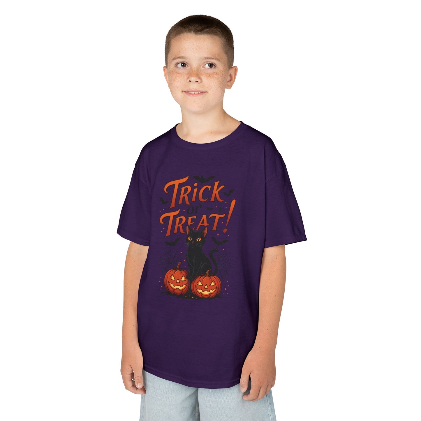 Cute Trick or Treat Black Cat T-Shirt for Girls Boys, Fun Spooky Halloween Tee, Pumpkin Cat Shirt for Kids, Fall Party Outfit