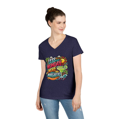 Less Monday More Margaritas Ladies' V-Neck T-Shirt, Funny Summer Cocktail Shirt, Tropical Vacation Tee for Women, Party Tee, Weekend Vibes