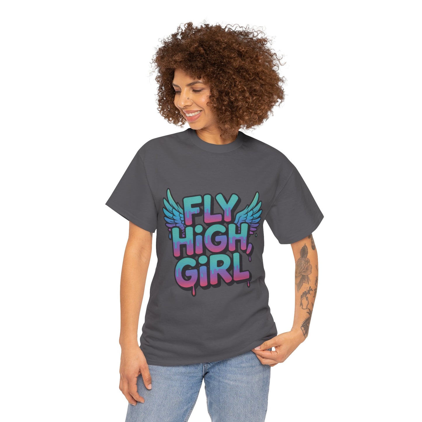 Womens Graphic Tee Fly High Girl, Angel Wings Graffiti Drip T-Shirt, Bold Streetwear Top