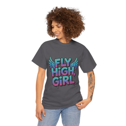 Womens Graphic Tee Fly High Girl, Angel Wings Graffiti Drip T-Shirt, Bold Streetwear Top
