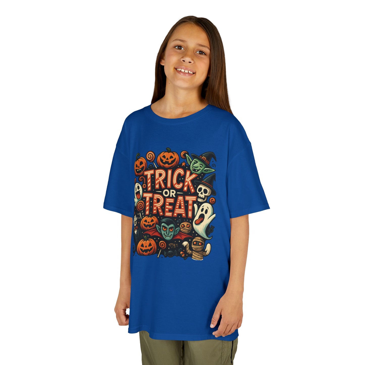Kids Trick or Treat T-Shirt, Halloween Graphic Tee with Pumpkins, Ghosts & Vampires, Fun Spooky Shirt for Children