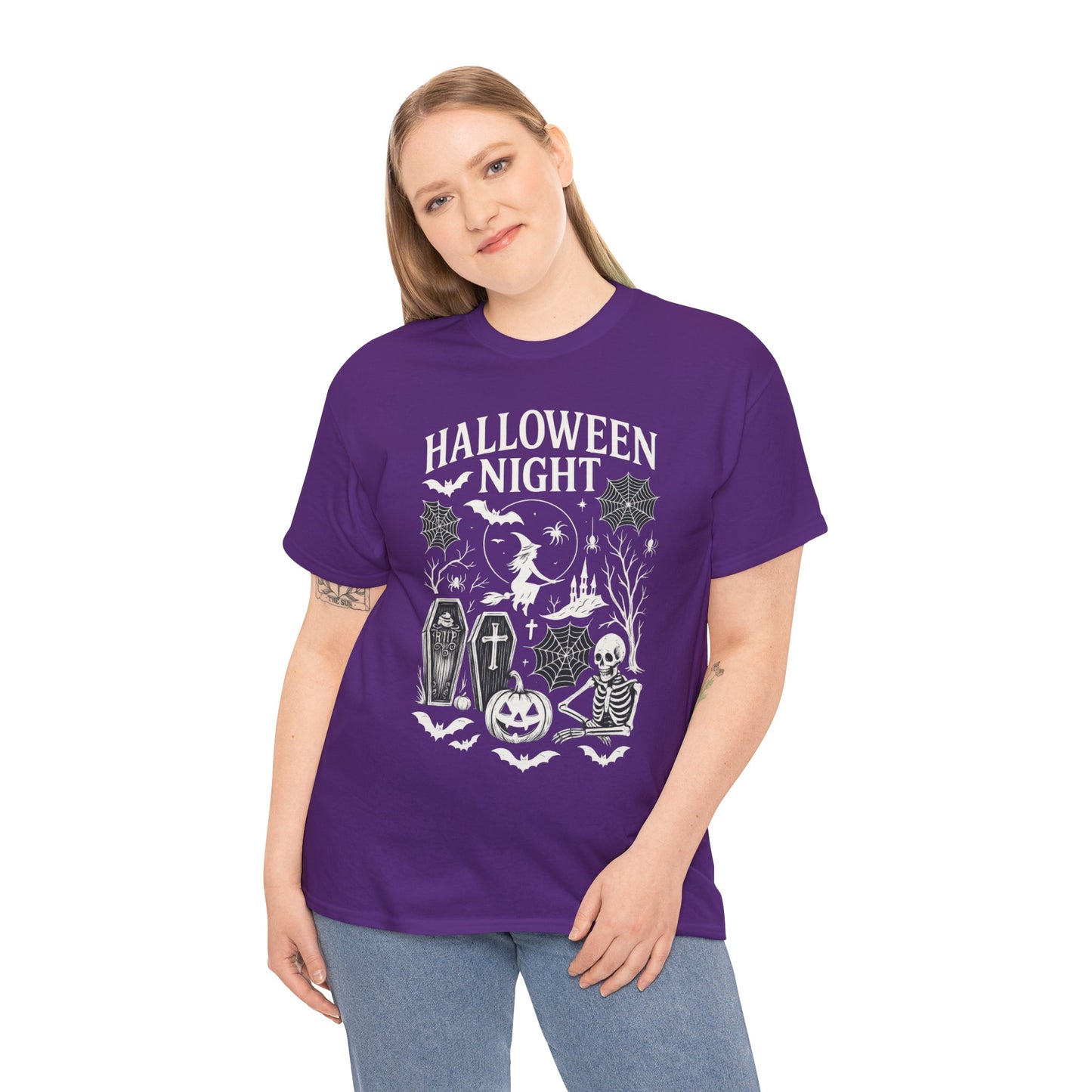 Halloween Night Women's T-Shirt, Gothic Witch Skeleton Pumpkin Tee, Spooky Scary Shirt for Halloween Party