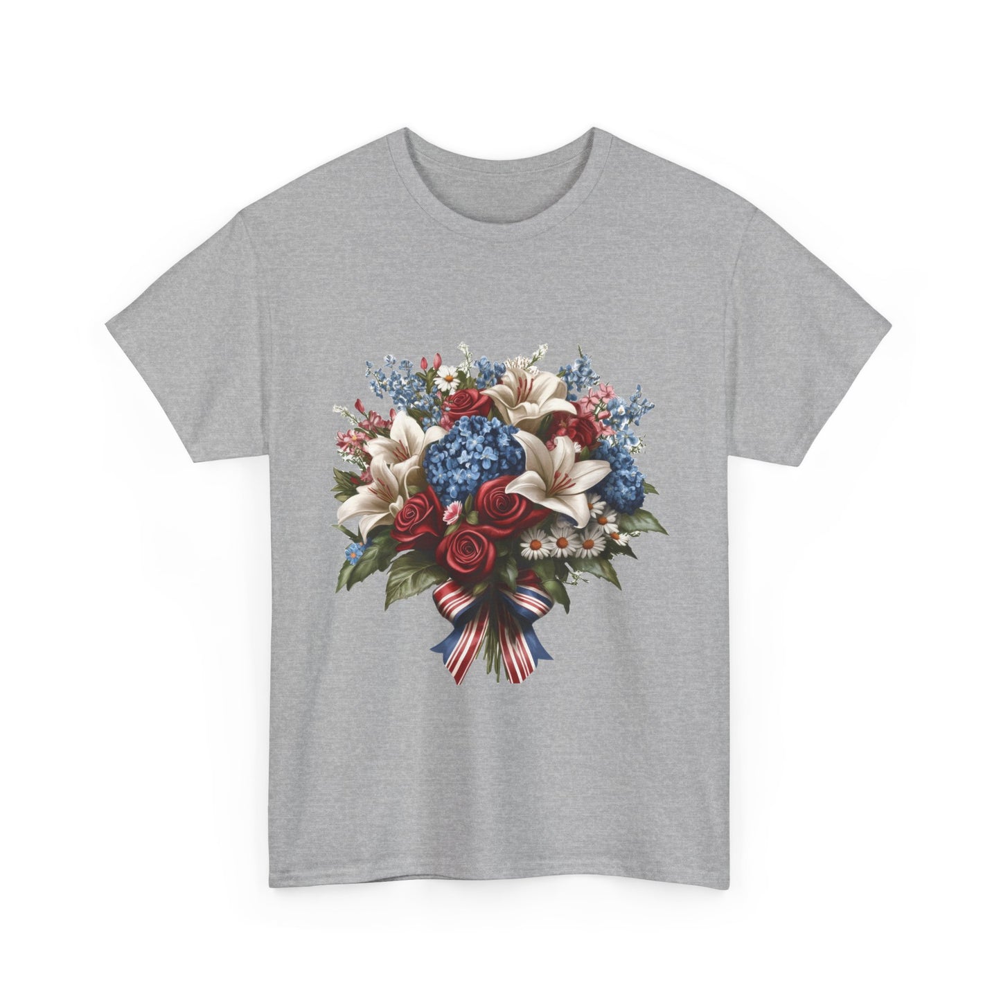 Patriotic Floral Bouquet T-Shirt, Red White Blue Flower Graphic Tee, USA Pride Shirt, Unisex Heavy Cotton Tee