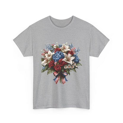 Patriotic Floral Bouquet T-Shirt, Red White Blue Flower Graphic Tee, USA Pride Shirt, Unisex Heavy Cotton Tee