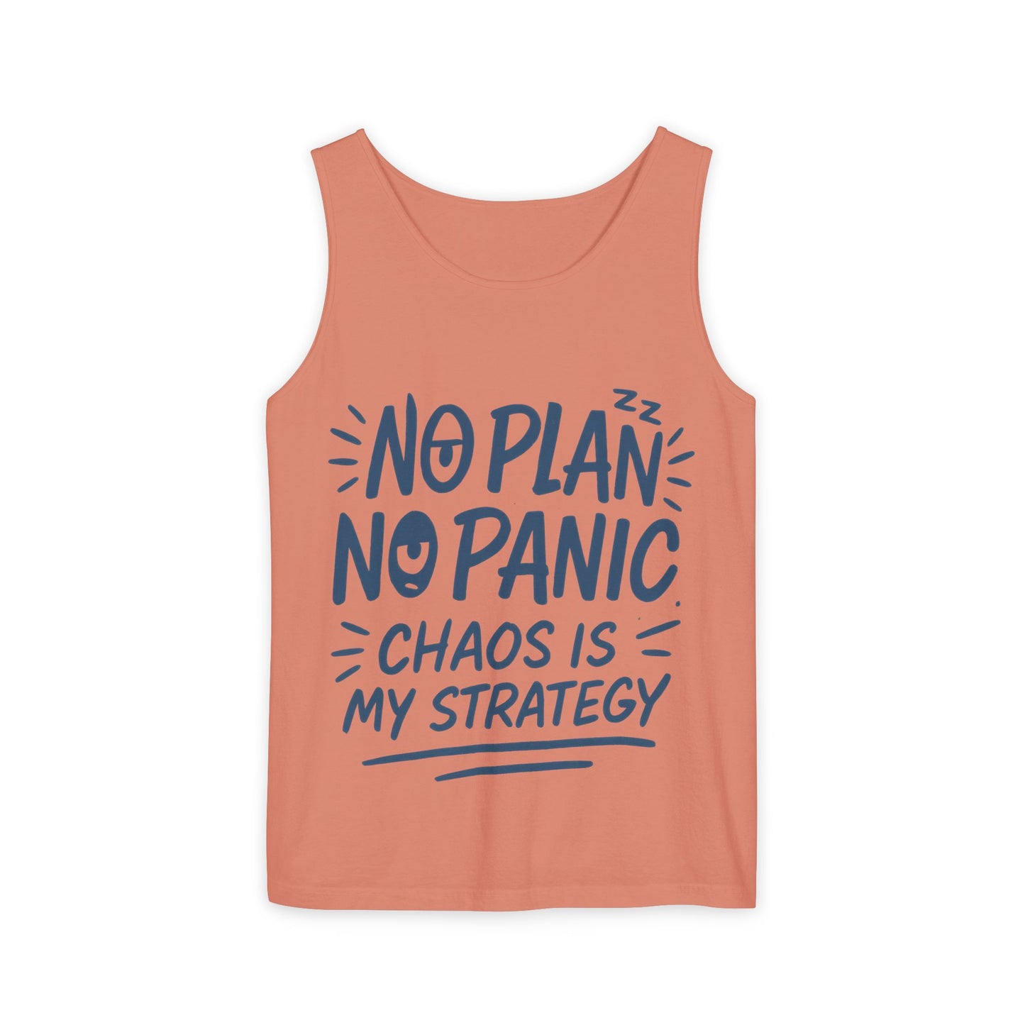 Funny Chaos Quote Mens Tank Top, No Plan No Panic Humor Shirt, Casual Graphic Tee Gift for Him, Relaxed Fit, Workout Gym Humor Shirt