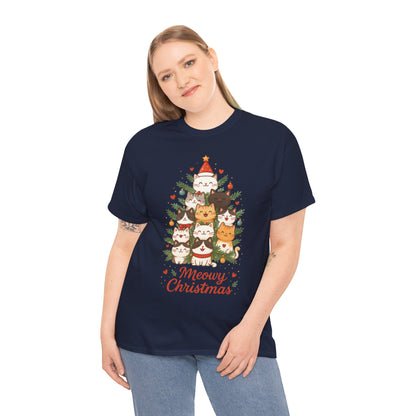 Women's Meowy Christmas Cat T-Shirt, Cute Holiday Kitty Tree Tee
