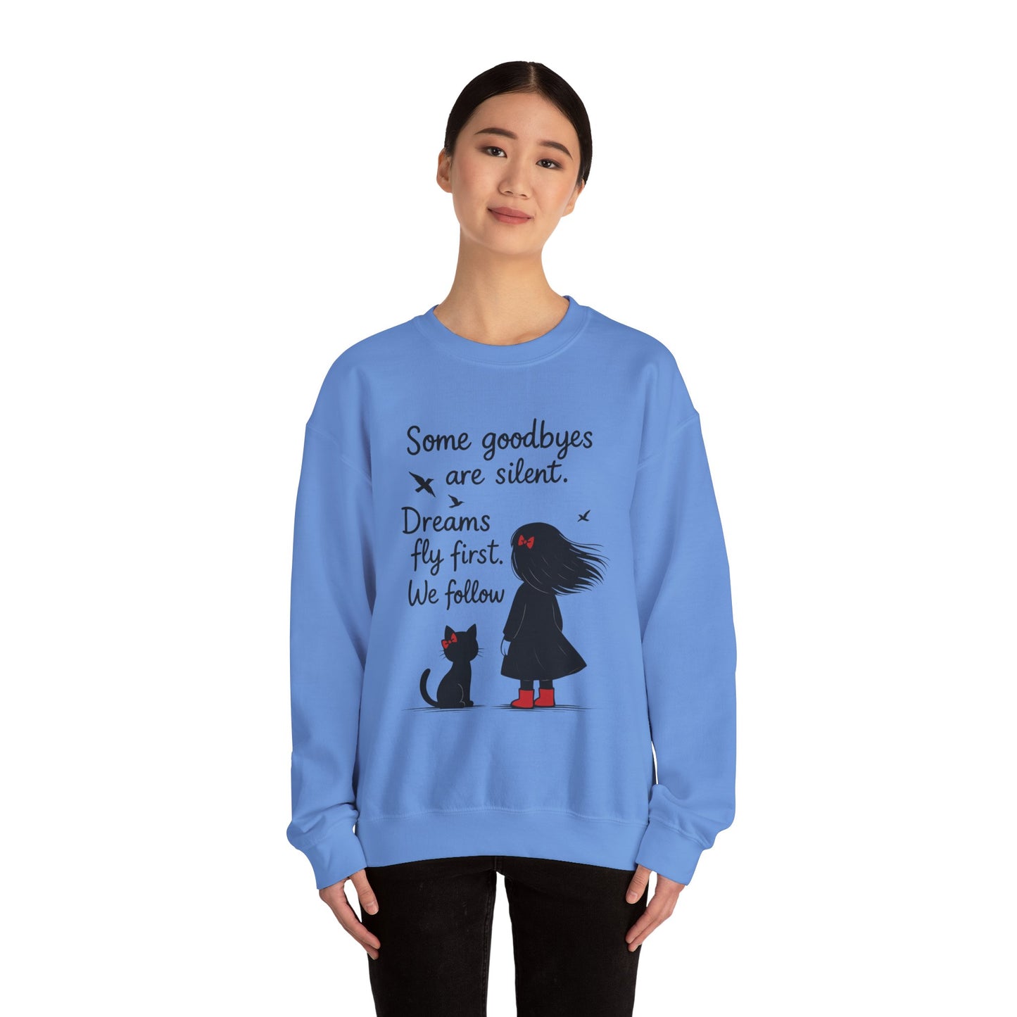 Cozy Farewell Girl & Cat Pullover, Hand Drawn Red Dress Art, Minimalist Womens Crewneck