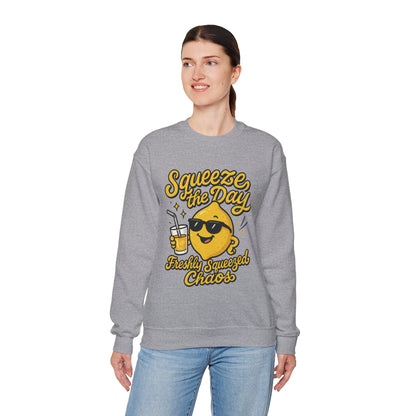 Funny Lemon Womens Sweatshirt - Squeeze The Day Freshly Squeezed Chaos Cozy Pullover - Citrus Positive Crewneck Sweatshirt, Cheerful Fashion