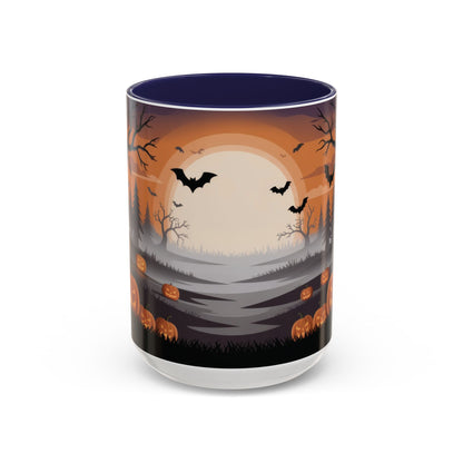 Halloween Pumpkin Forest Mug, Spooky Sunset Landscape Coffee Cup, Gothic Fall Gift for Her - Him, Accent Coffee Mug (11, 15oz)