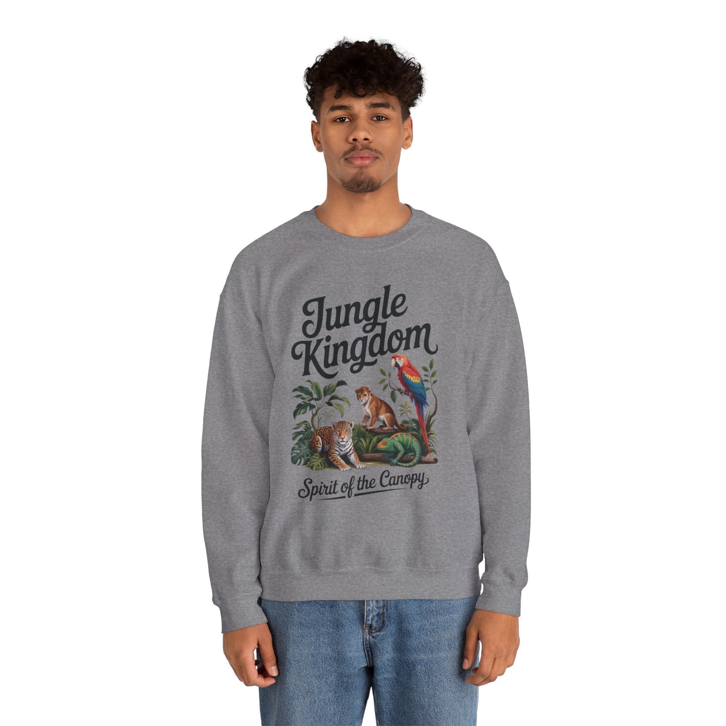 Jungle Kingdom Mens Sweatshirt, Cozy Jungle Crewneck, Nature Lover Gift, Wildlife Artwork, Eco-Conscious Apparel, Animal Enthusiast Clothing