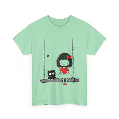 Cute Cat & Girl Graphic Tee, Playful Gift for Cat Lovers, Cat and Girl Design, Gift for Cat Owners, Women's Cotton T-Shirt