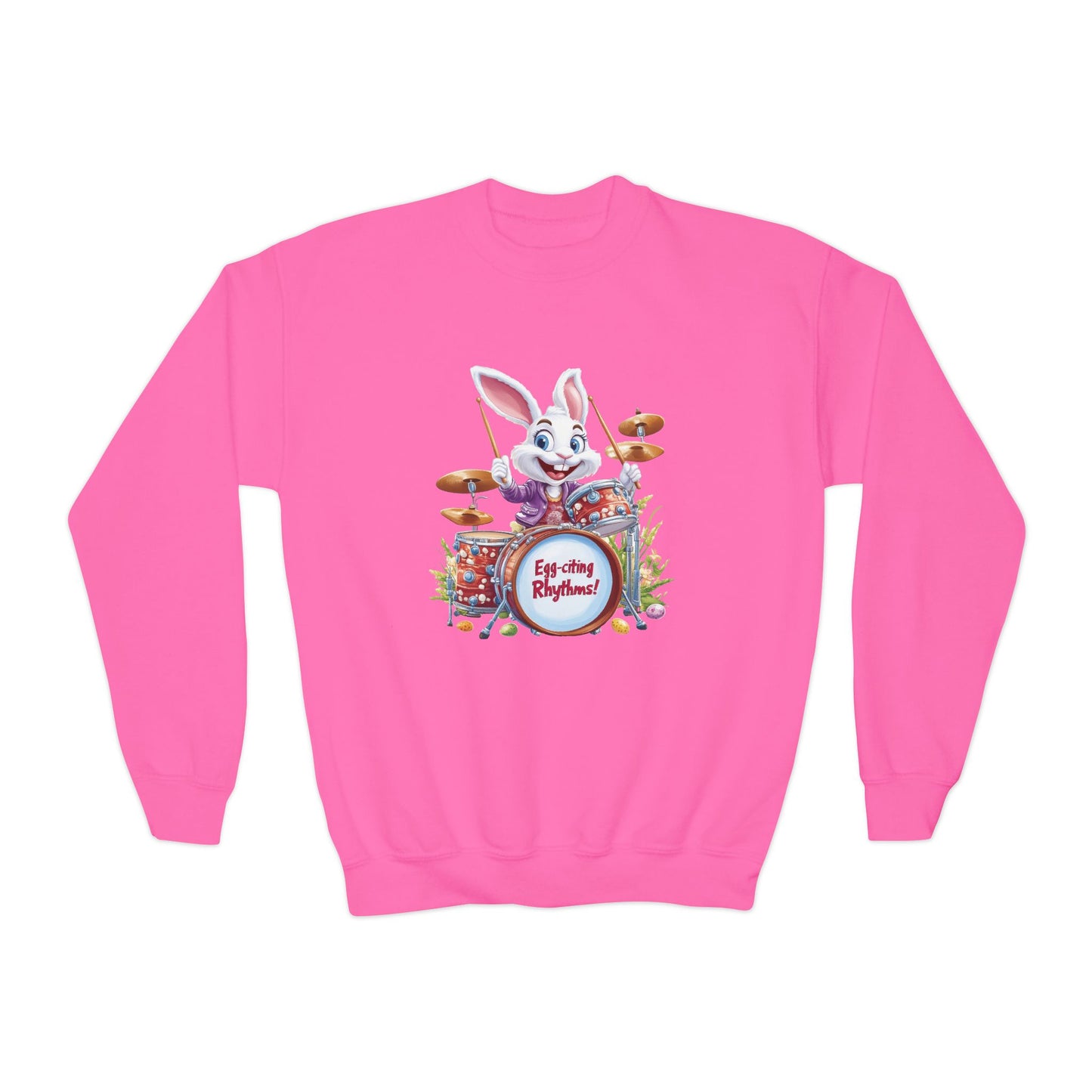 Easter Bunny Drummer Kids Sweatshirt - Cute Spring Crewneck for Children, Fun Easter Gift Colorful Bunny Playing Drums Design