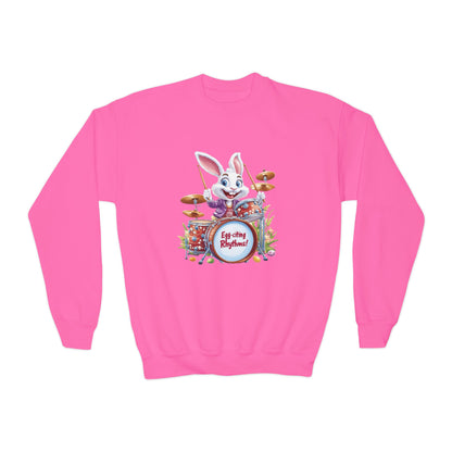 Easter Bunny Drummer Kids Sweatshirt - Cute Spring Crewneck for Children, Fun Easter Gift Colorful Bunny Playing Drums Design