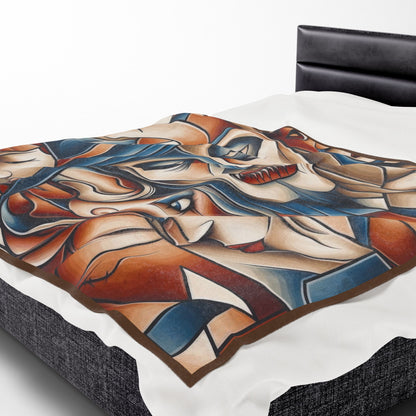 Abstract Gothic Faces Velveteen Plush Blanket, Cubist Witch and Vampire Art Throw Blanket, Modern Halloween Home Decor, Unique Artistic Gift