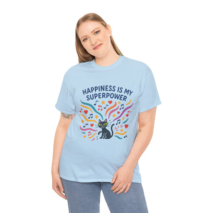 Happiness is My Superpower Tee - Fun Womens Cotton T-Shirt, Gift for Cat Lovers, Cute Pet Apparel, Everyday Wear, Positive Vibes