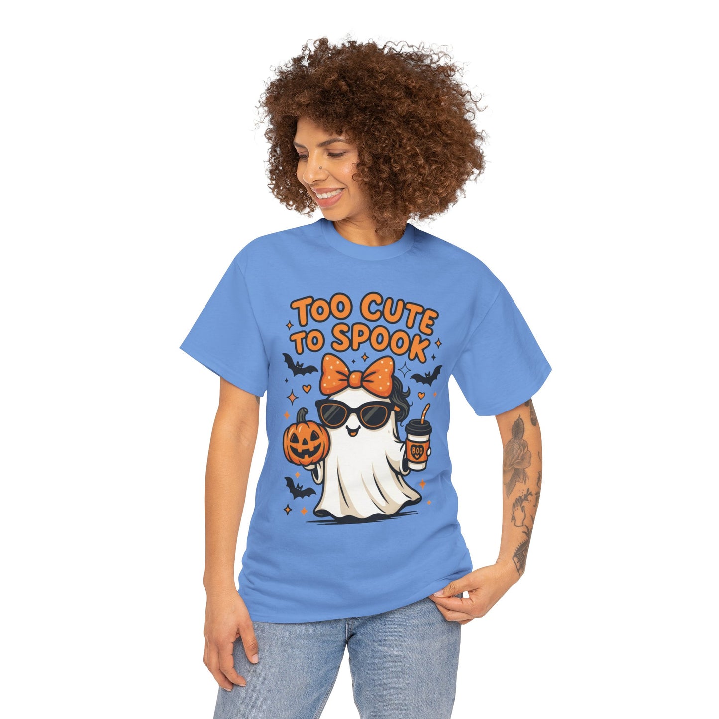 Too Cute To Spook Women's T-Shirt, Cute Ghost Pumpkin Coffee Halloween Graphic Tee
