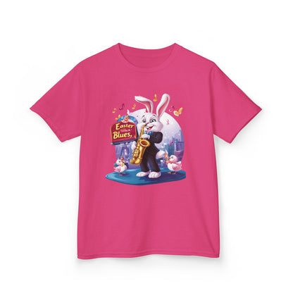 Easter Blues Bunny Kids T-Shirt - Cute Jazz Music Themed Tee for Boys and Girls, Fun Spring Gift, Bunny Playing Saxophone Design