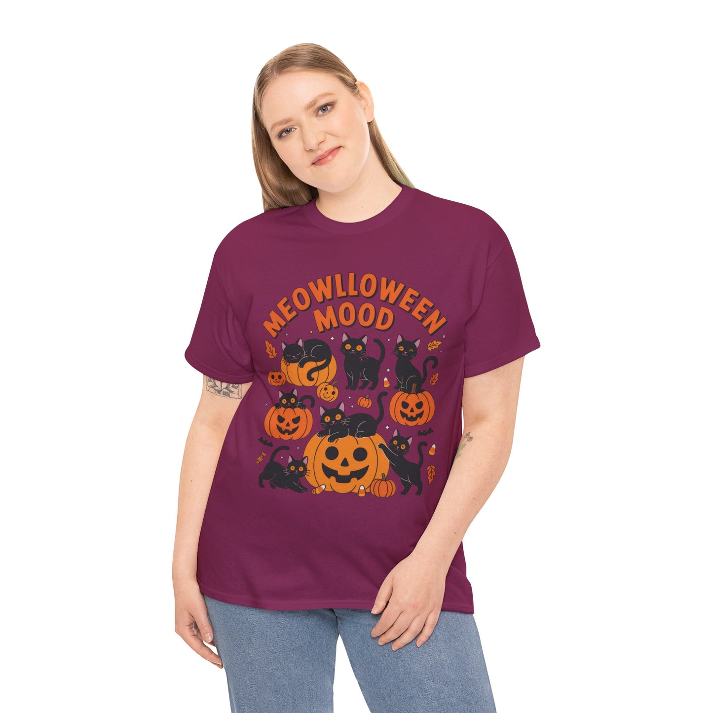 Meowlloween Mood Cat Shirt for Women, Cute Black Cat and Pumpkin Halloween Tee, Cozy Fall Kawaii Spooky Graphic Top, Cat Lover Gift
