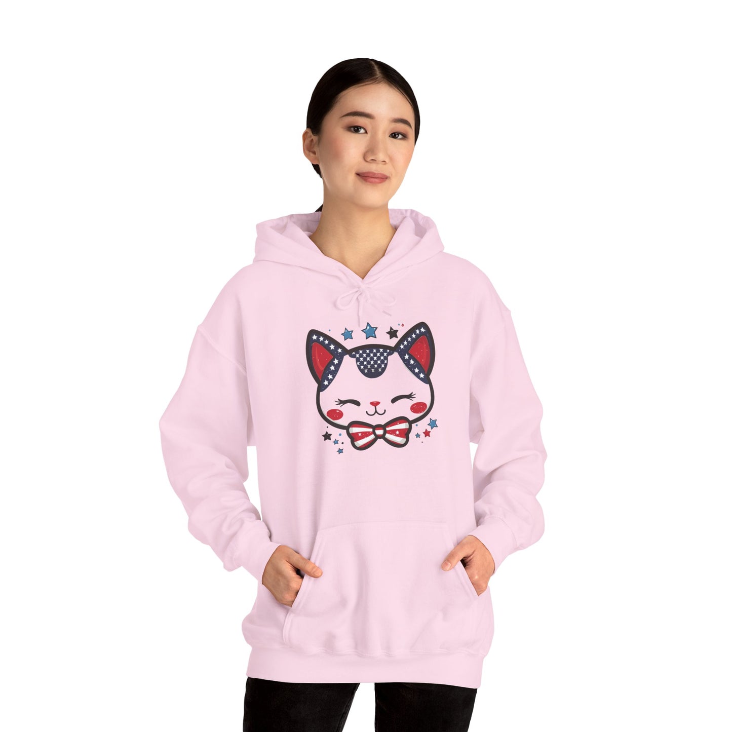 Cute Patriotic Cat -Themed Women's Hoodie, for Cat Lovers, Cute Gift for Pet Owners, Cozy Sweatshirt for All Seasons, Fourth of July Hoodie