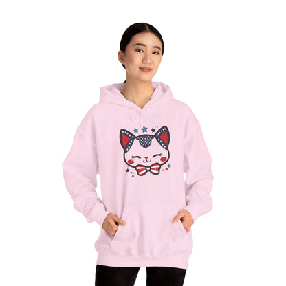 Cute Patriotic Cat -Themed Women's Hoodie, for Cat Lovers, Cute Gift for Pet Owners, Cozy Sweatshirt for All Seasons, Fourth of July Hoodie