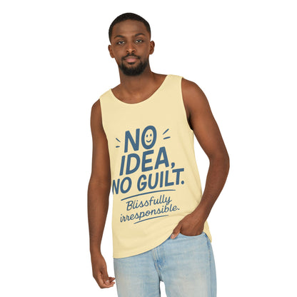 Mens Funny Tank Top, No Idea No Guilt Quote, Blissfully Irresponsible Gym Shirt, Casual Sleeveless Top, , Fun Party Shirt