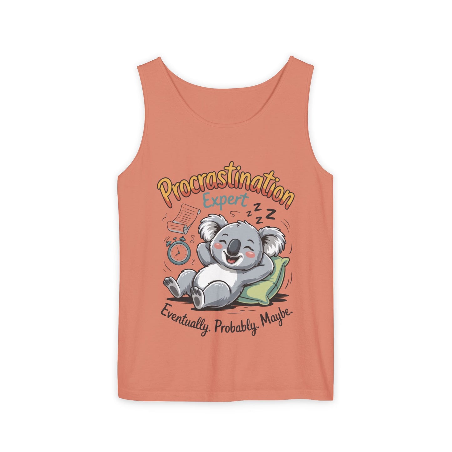 Procrastination Expert Womens Tank Top, Funny Gift for Lazy Days, Relaxed Fit Tee, Casual Summer Wear, Koala Graphic Top, Motivational Apparel