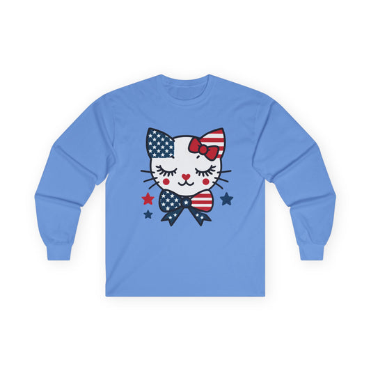Cute Patriotic Cat Long Sleeve Tee, Women's T-Shirt for Independence Day, 4th of July Celebration, Animal Lover Gift, USA Flag Design