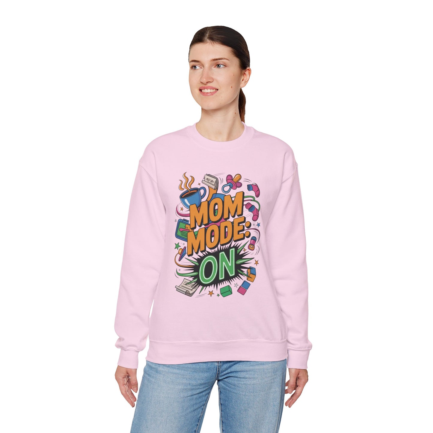 Mom Mode On Crewneck Sweatshirt, Gift for Mom, Mother's Day Humor T-Shirt, Cute Mama Life Graphic Tee, Mother's Day Gift