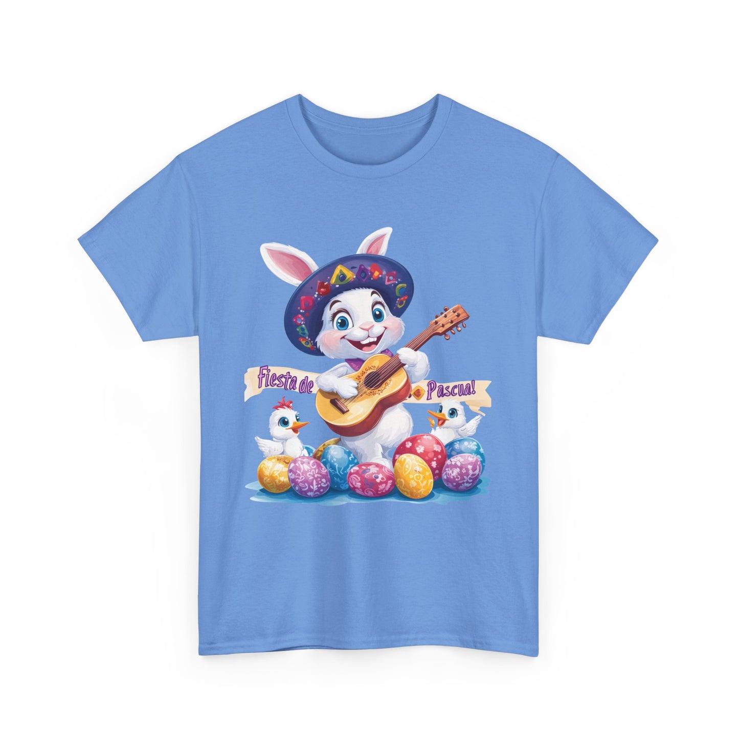 Fiesta de Pascua Bunny Shirt, Funny Easter Rabbit Playing Guitar Tee, Colorful Unisex Heavy Cotton T-Shirt, Cute Holiday Celebration Gift