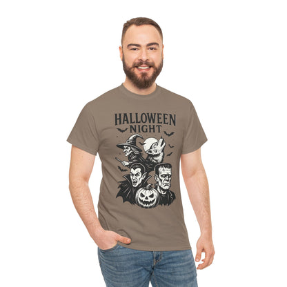 Halloween Night Men's T-Shirt, Classic Monsters Graphic Tee, Witch, Vampire, Frankenstein, Werewolf
