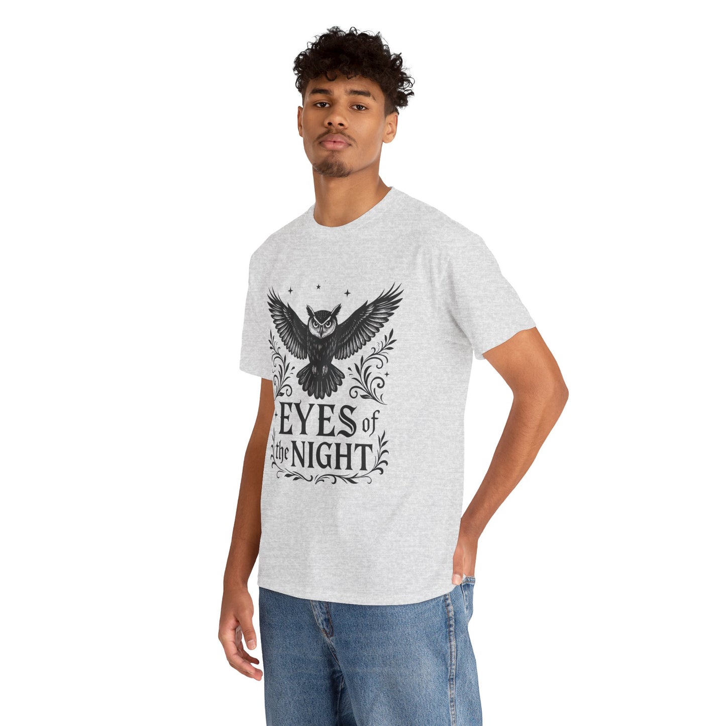 Cool Owl Graphic Unisex Heavy Cotton Tee, Flying Owl Art T-Shirt, Animal Print Tee, Gothic Bird Graphic Tee, Mens Gothic Style Shirt