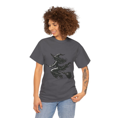 Flying Witch Silhouette Halloween T-Shirt for Women, Vintage Witch on Broom Tee, Spooky Gothic Fall Shirt, Minimal Black Witch Top