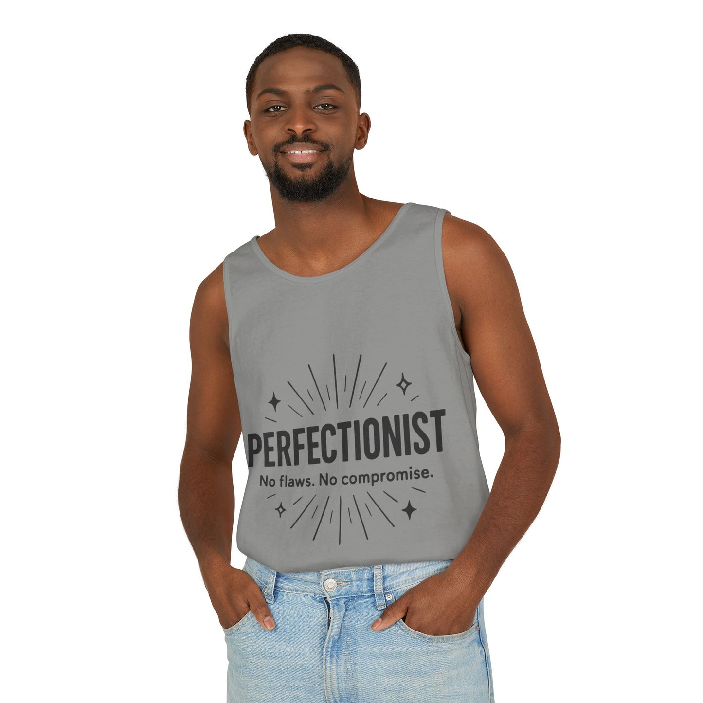 Mens Perfectionist Tank Top, No Flaws No Compromise, Minimal Bold Graphic Tee, Gift for OCD, Clean Freak, or Detail-Oriented Men