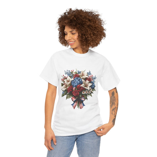 Patriotic Floral Bouquet T-Shirt, Red White Blue Flower Graphic Tee, USA Pride Shirt, Unisex Heavy Cotton Tee