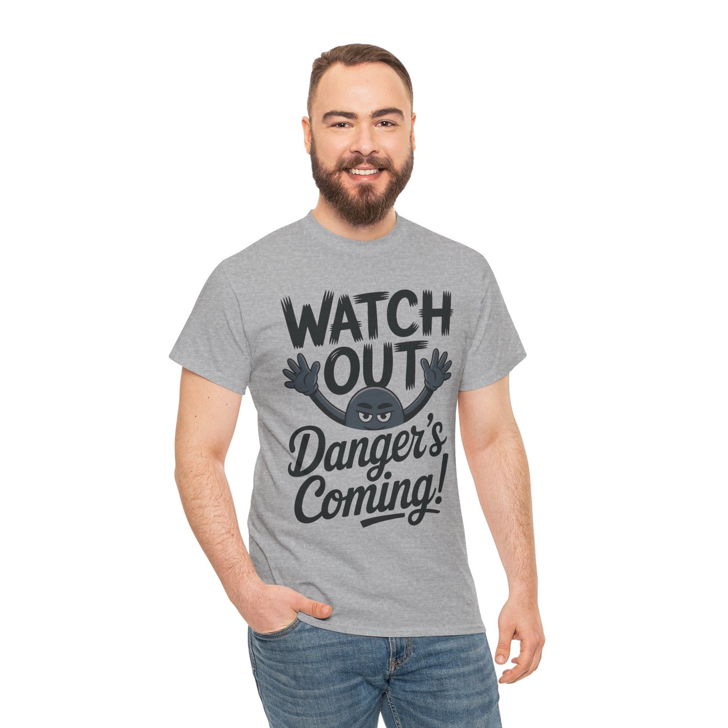 Funny "Watch Out" Cartoon Character T-Shirt, Sketch Style Unisex Heavy Cotton Tee, Minimalist Humorous Graphic Tee, Gift for Him/Her
