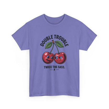 Double Trouble Cherry Graphic Tee, Funny Cute Womens T-Shirt, Twice the Sass Quote Shirt, Sassy Cherry Cartoon Gift