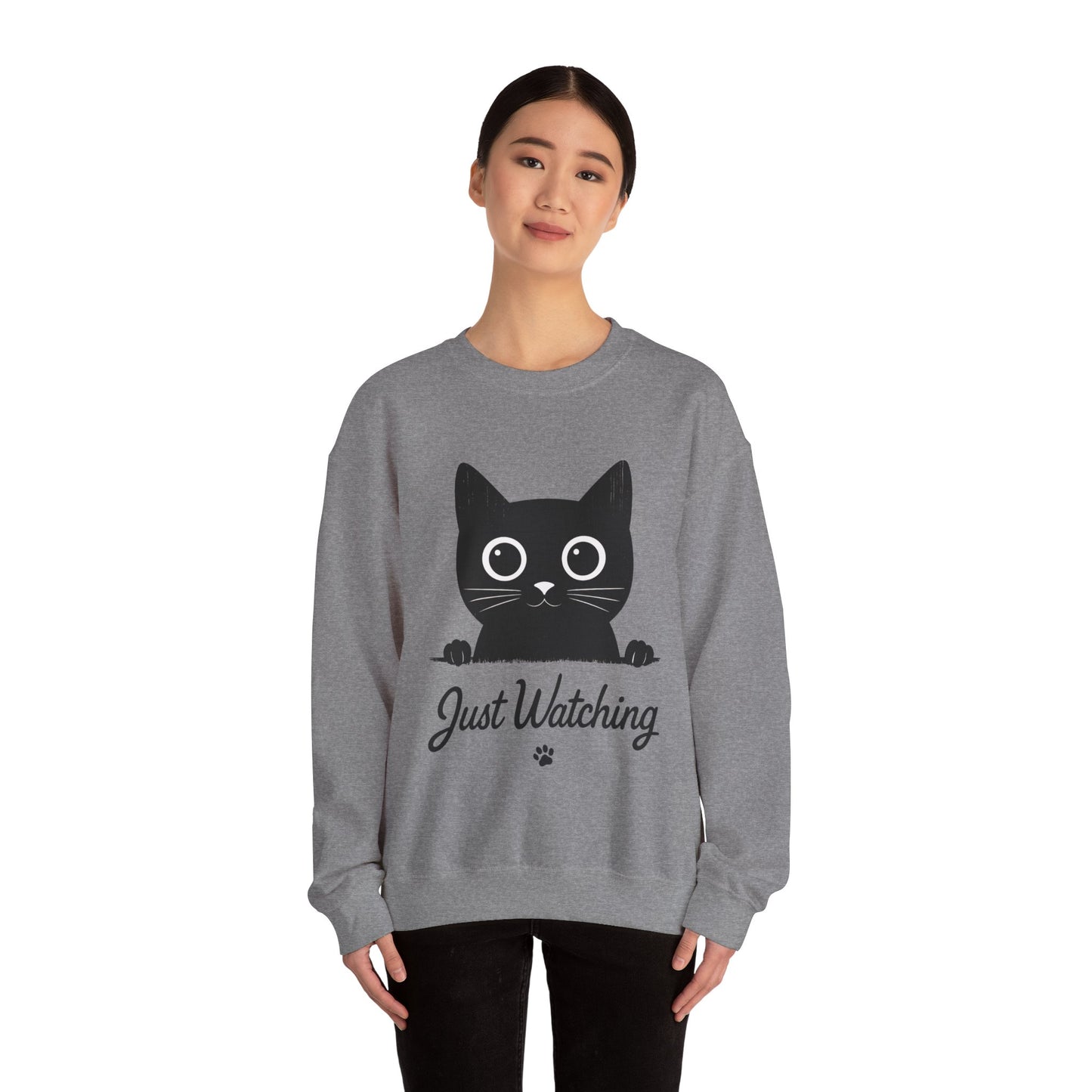 Funny Black Cat Womens Crewneck Sweatshirt - Just Watching Minimalist Kitty Pullover - Cozy Cat Lover Gift, Pet Owner Apparel