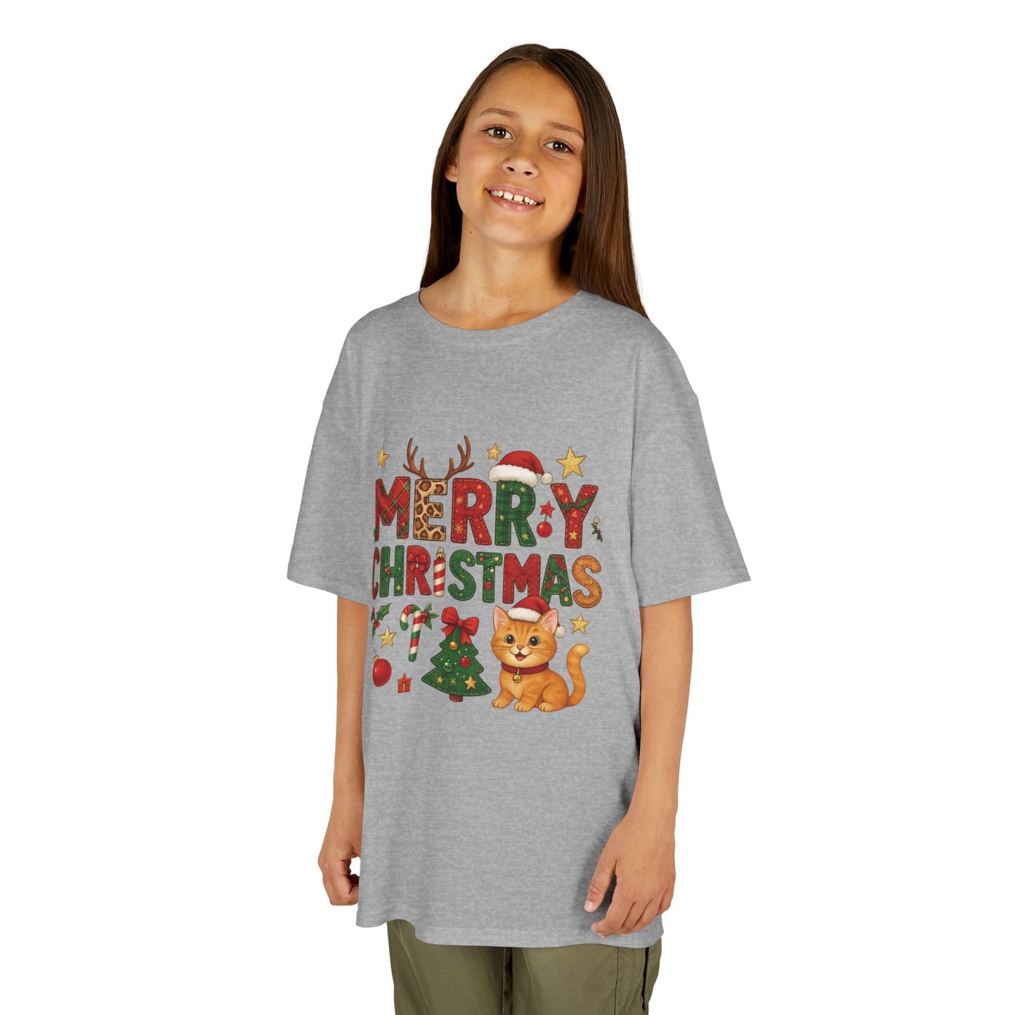 Merry Christmas Cat Shirt for Girls, Cute Holiday Kitten Tee