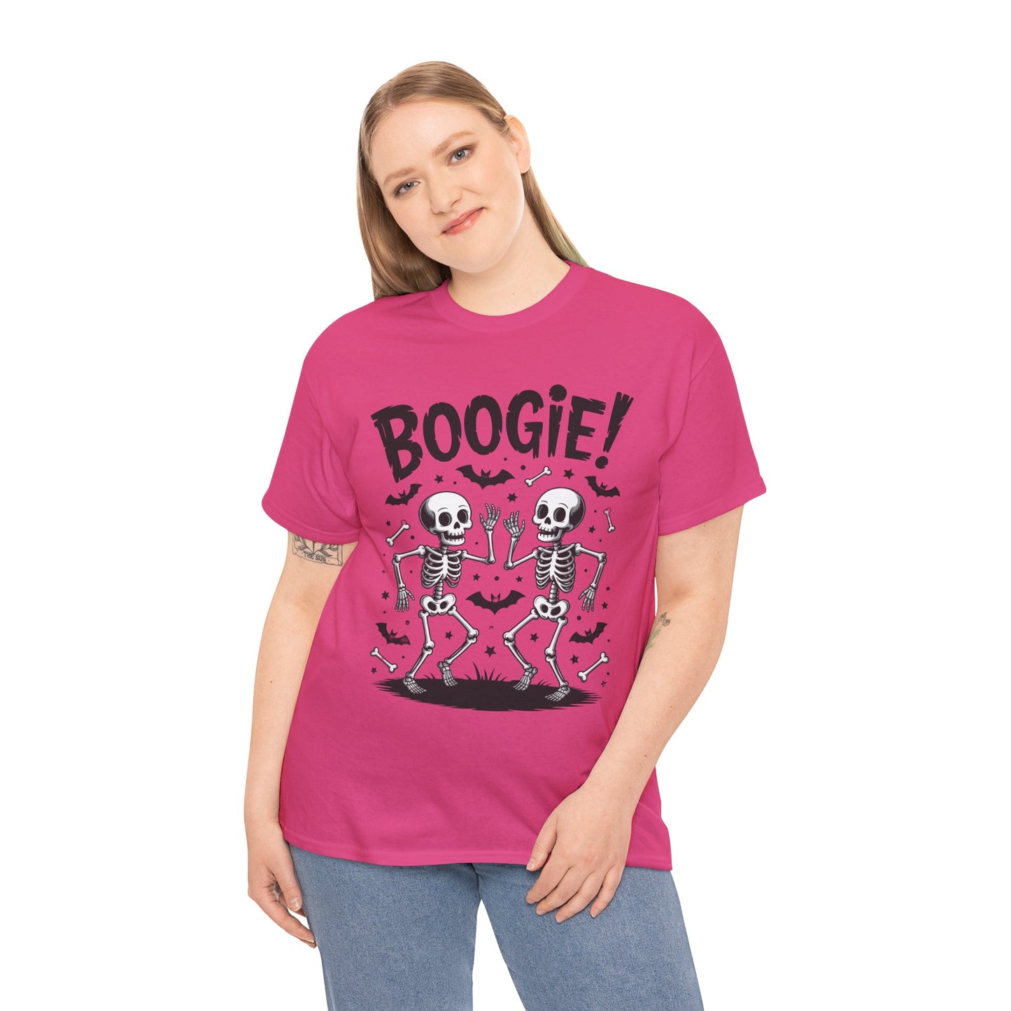 Halloween Dancing Skeletons Women's T-Shirt, BOOGIE! Funny Spooky Graphic Tee for Women, Women's Heavy Cotton Tee