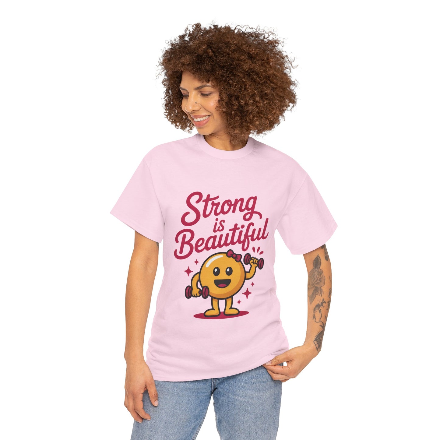 Strong is Beautiful Womens T-Shirt, Cute Fitness Character Graphic Tee, Inspirational Workout Shirt, Gym Motivation Gift for Her