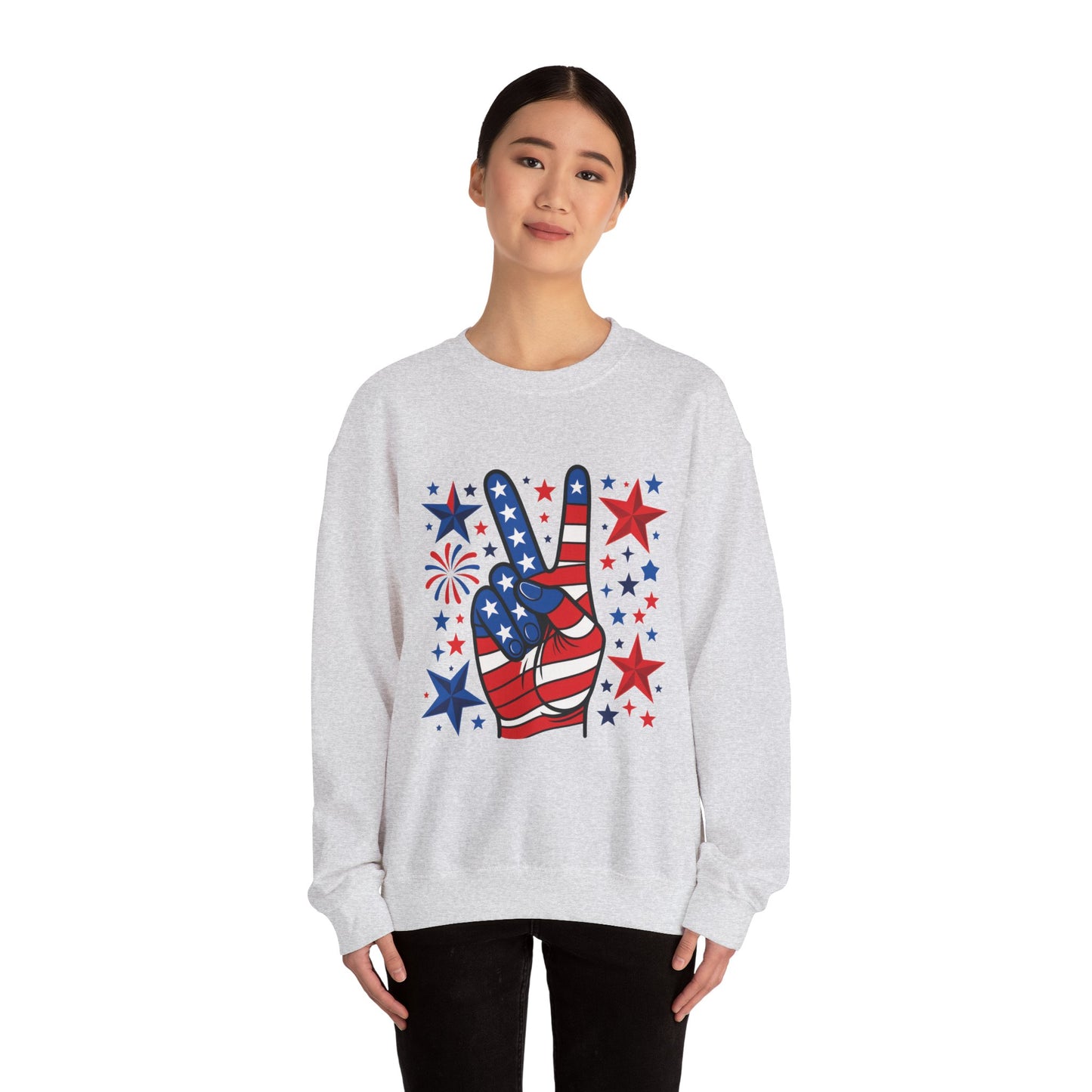Patriotic Peace Crewneck Sweatshirt - Unisex Heavy Blend, 4th of July Clothing, Peace Sign Design, Casual Wear, Gift for Him/Her