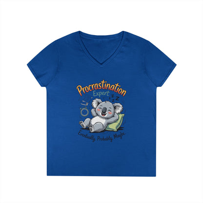 Procrastination Expert Ladies' V-Neck T-Shirt, Fun Tee for Lazy Days, Gift for Students, Casual Wear, Motivational Shirt, Cute Koala Design