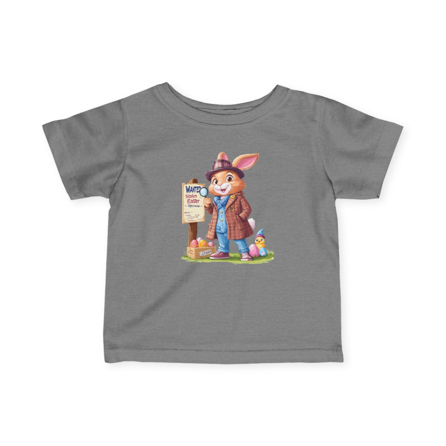 Detective Bunny Baby Tee - Cute Easter Egg Hunt Shirt for Infants 6-24 Months, Fun Spring Outfit with Mystery Bunny & Colorful Eggs