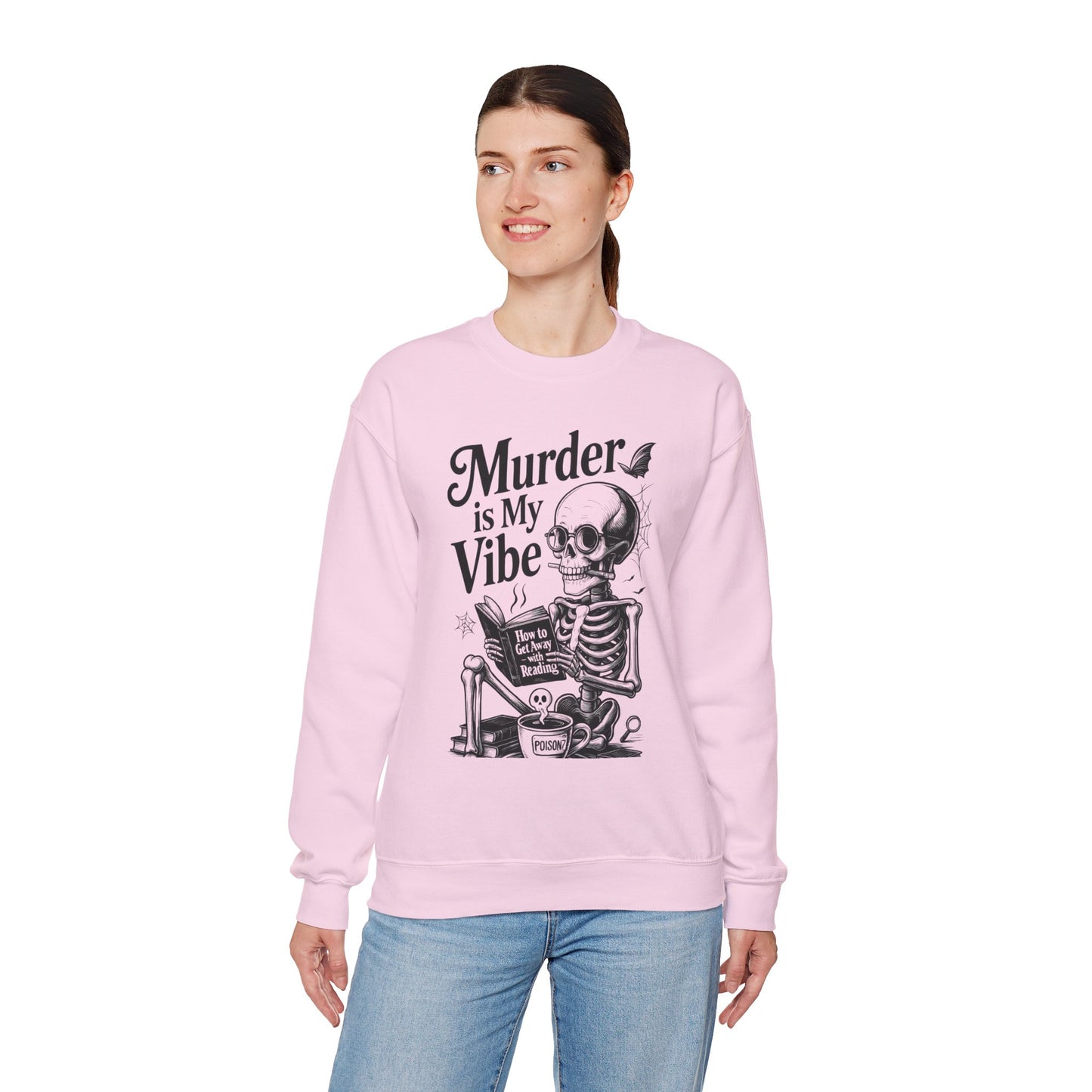 Womens Murder is My Vibe Crewneck Sweatshirt, Cozy Gift for Halloween, Unique Sweatshirt, Skull Graphic, Fall Fashion, Unisex Pullover