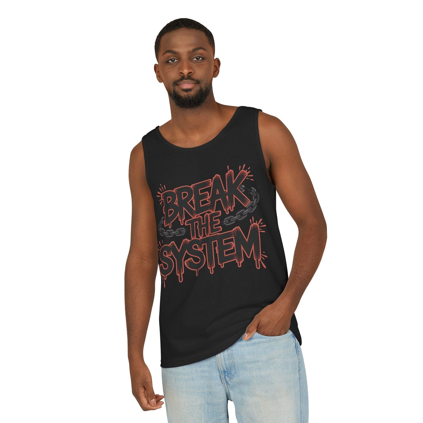 Men's Garment-Dyed Tank Top, Break the System Tank Top, Graphic Protest Muscle Tee, Streetwear Activist Summer Top