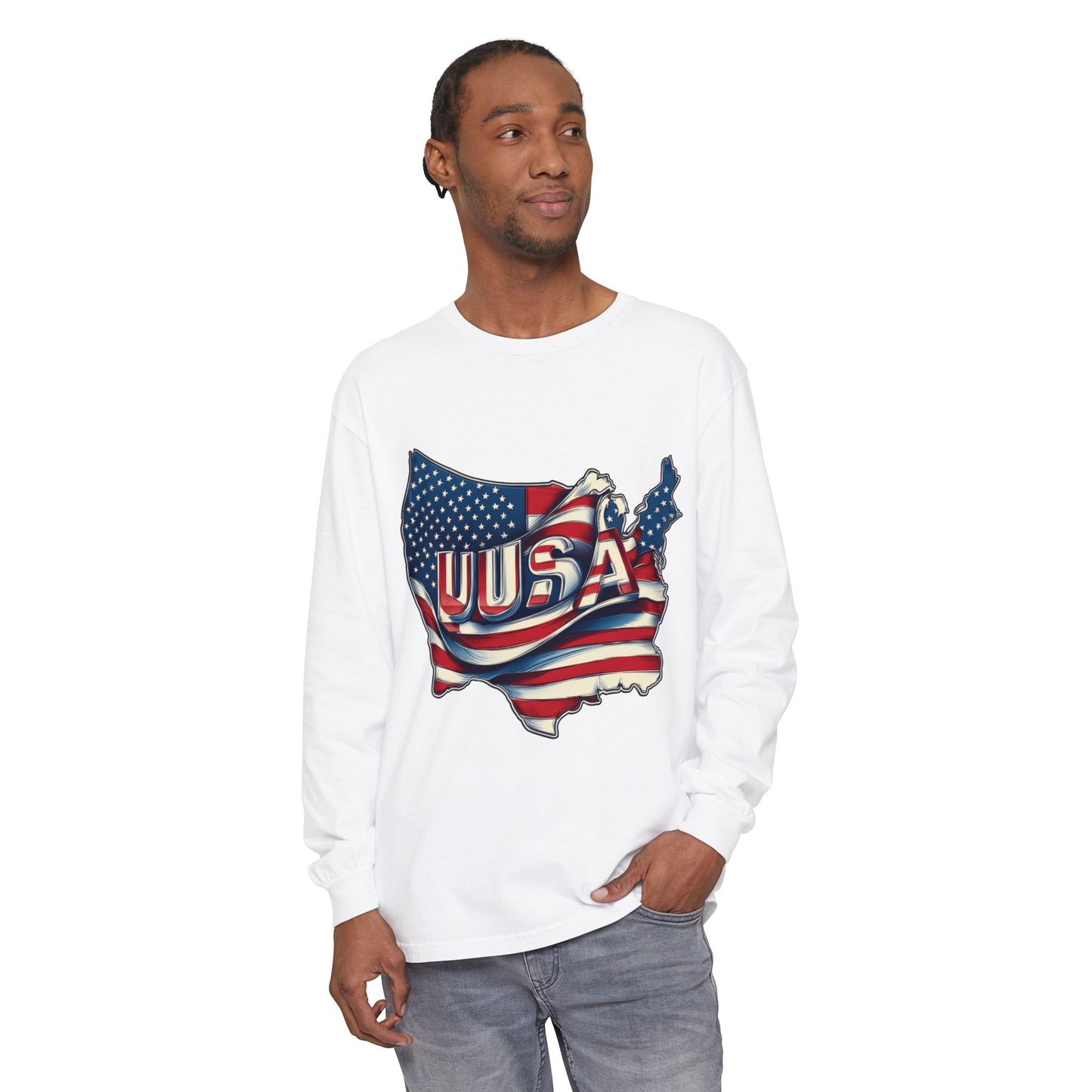USA Flag Long Sleeve Tee, Unisex Garment-Dyed Shirt, Patriotic Top, All-American Apparel, Independence Day Style, Comfortable Casual Wear
