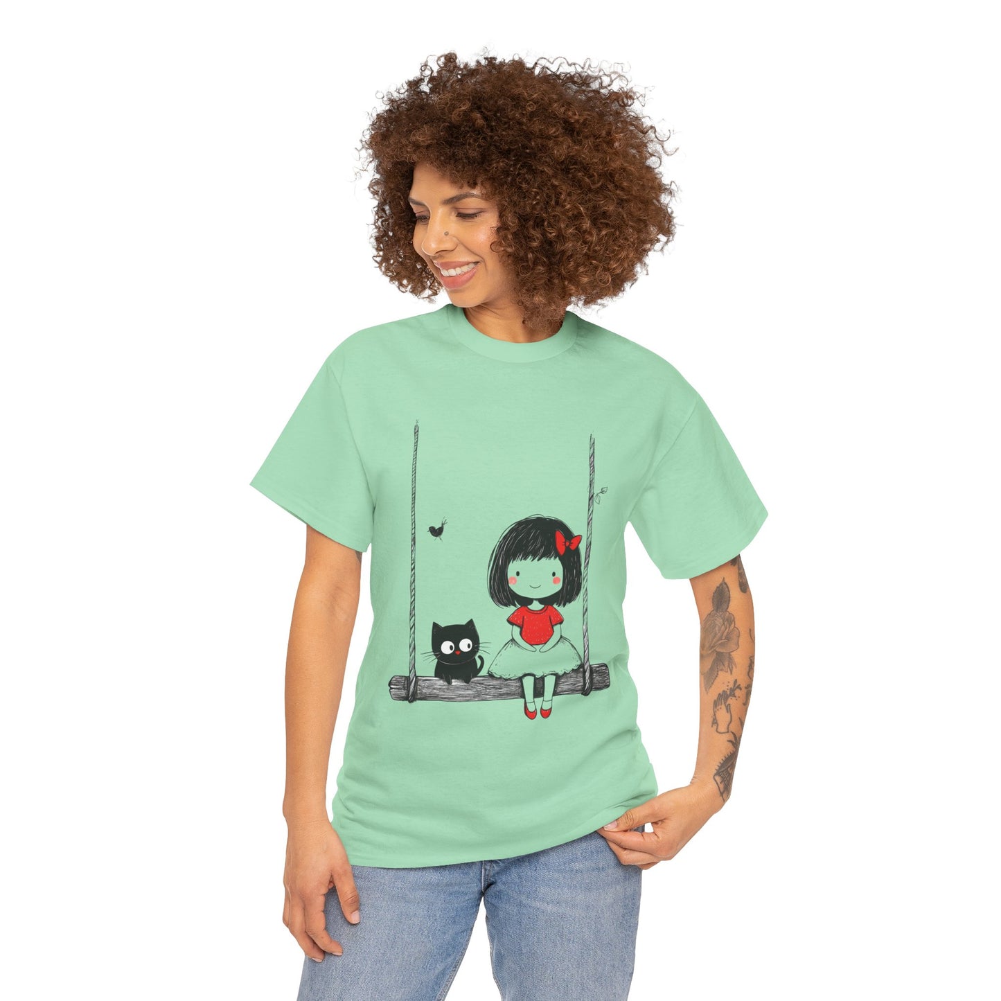 Cute Cat & Girl Graphic Tee, Playful Gift for Cat Lovers, Cat and Girl Design, Gift for Cat Owners, Women's Cotton T-Shirt